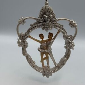 Vintage Style Ballet Dancers Christmas Ornament Silver Tone Ornate Ballerina